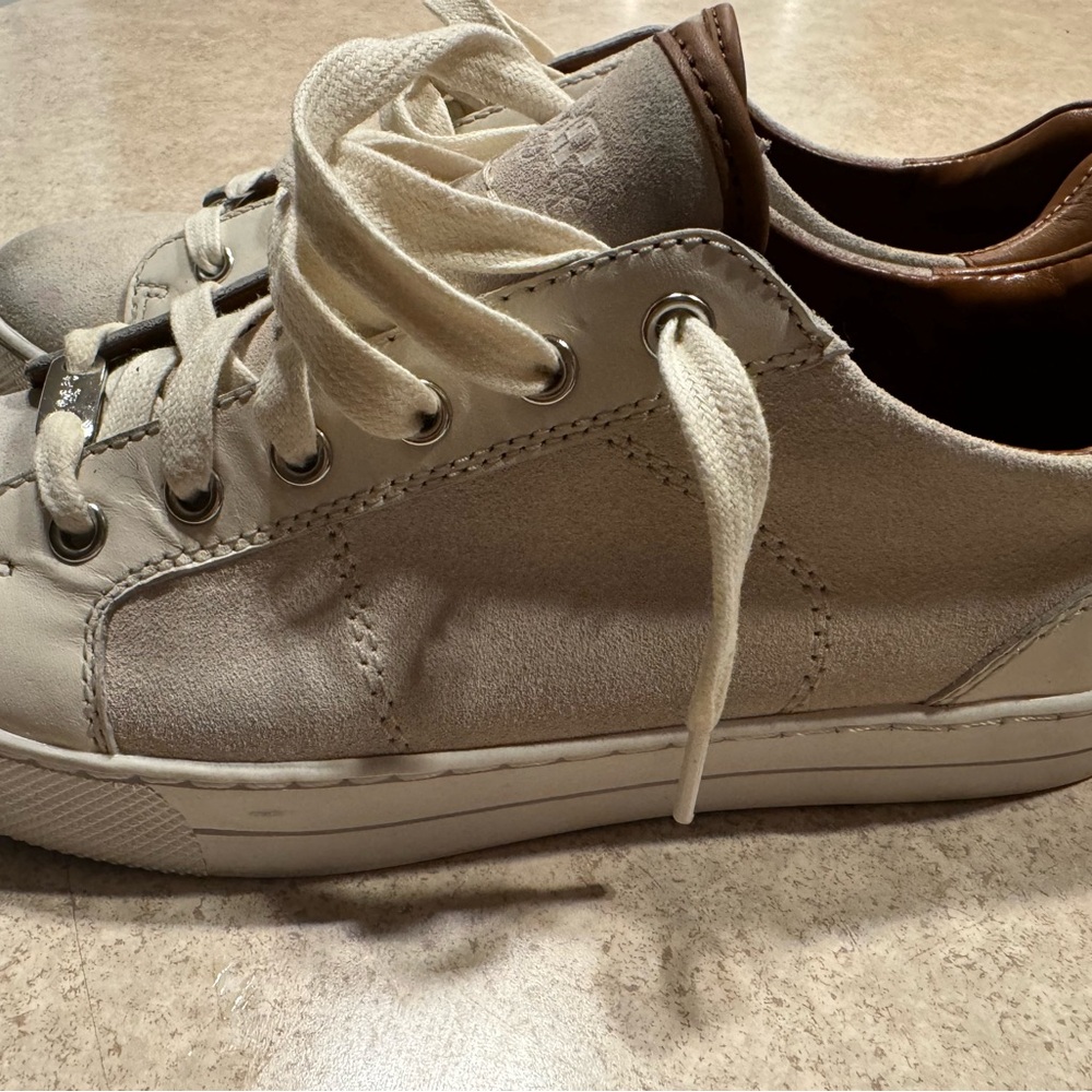 White Leather Sneakers with Brown Accents - Picture 5 of 6